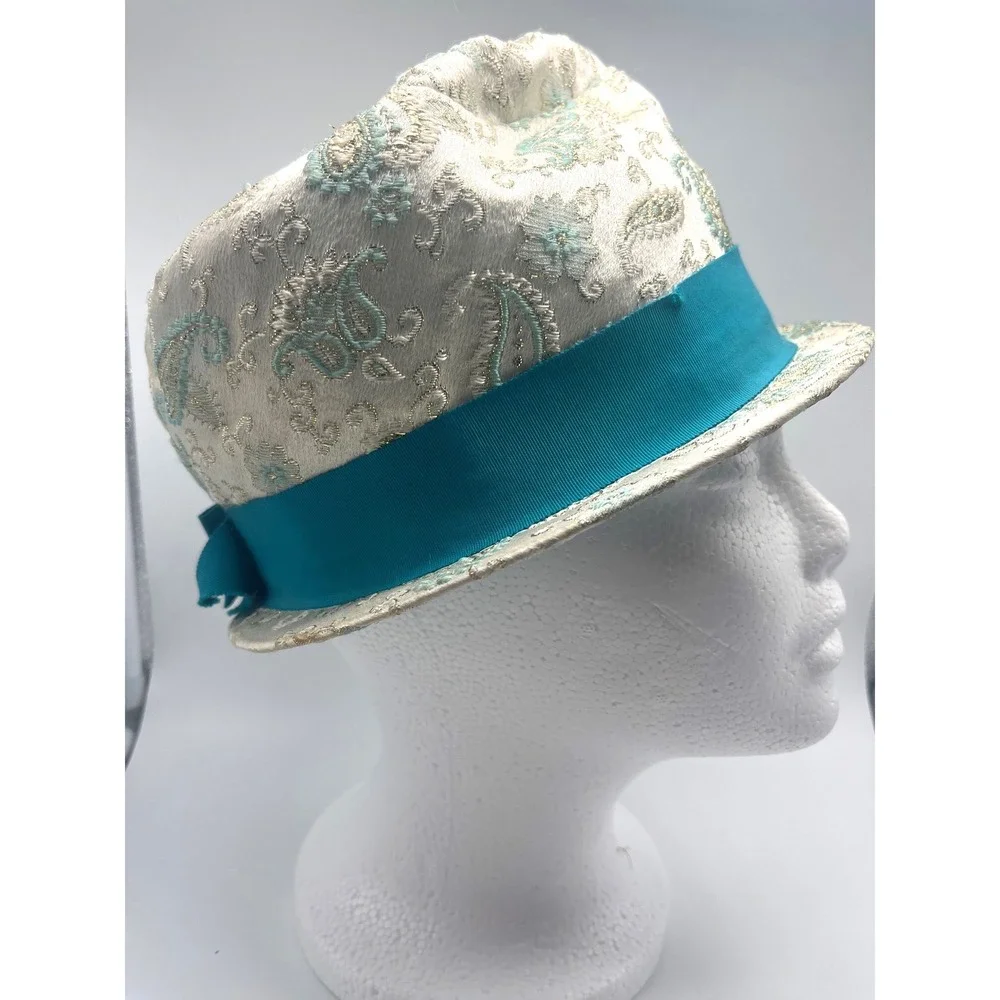 Vintage Cloche Bucket Hat Cream Teal Paisley‎ 40's pasadena USA